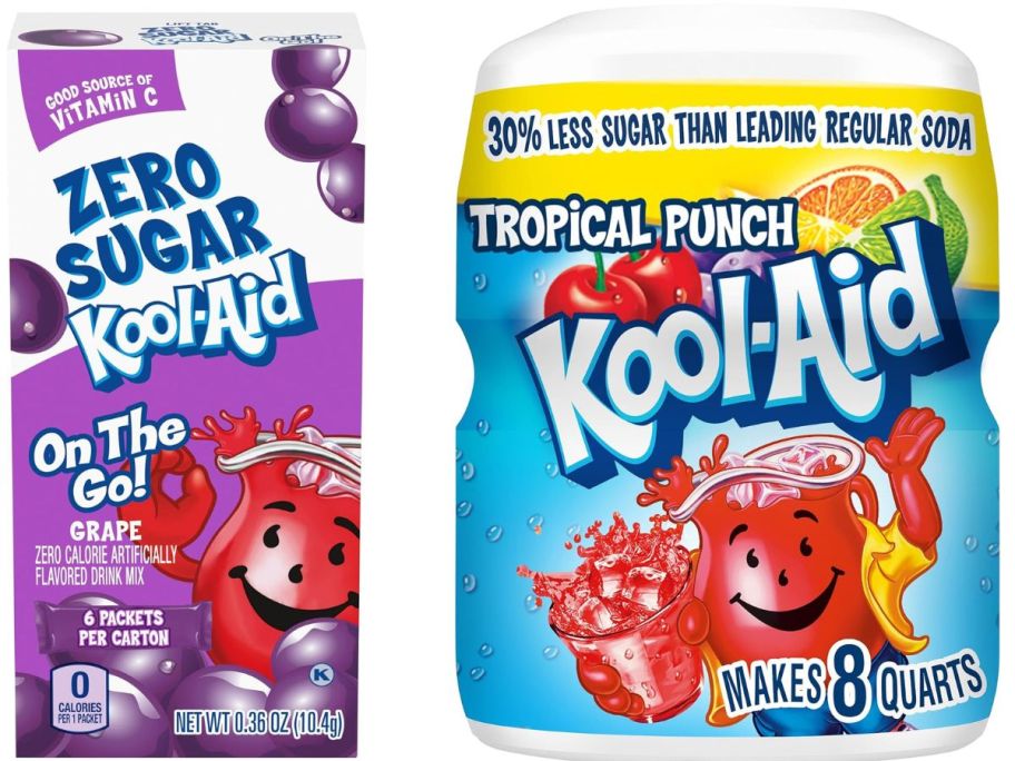 Stock image of a box of Kool-Aid Grape Packets and a tub of Kool-Aid Fruit Punch Drink Mix
