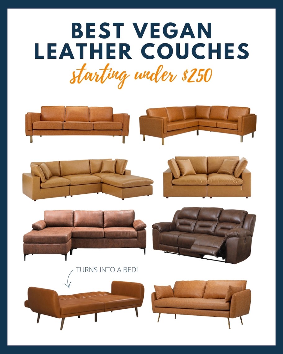 collage graphic of the best vegan leather couches