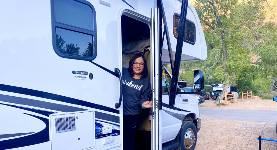 Linda sticking out of her RV rental