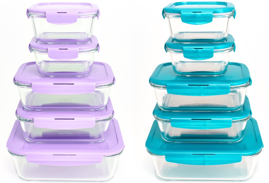 two stacked glass food storage sets with purple and teal lids