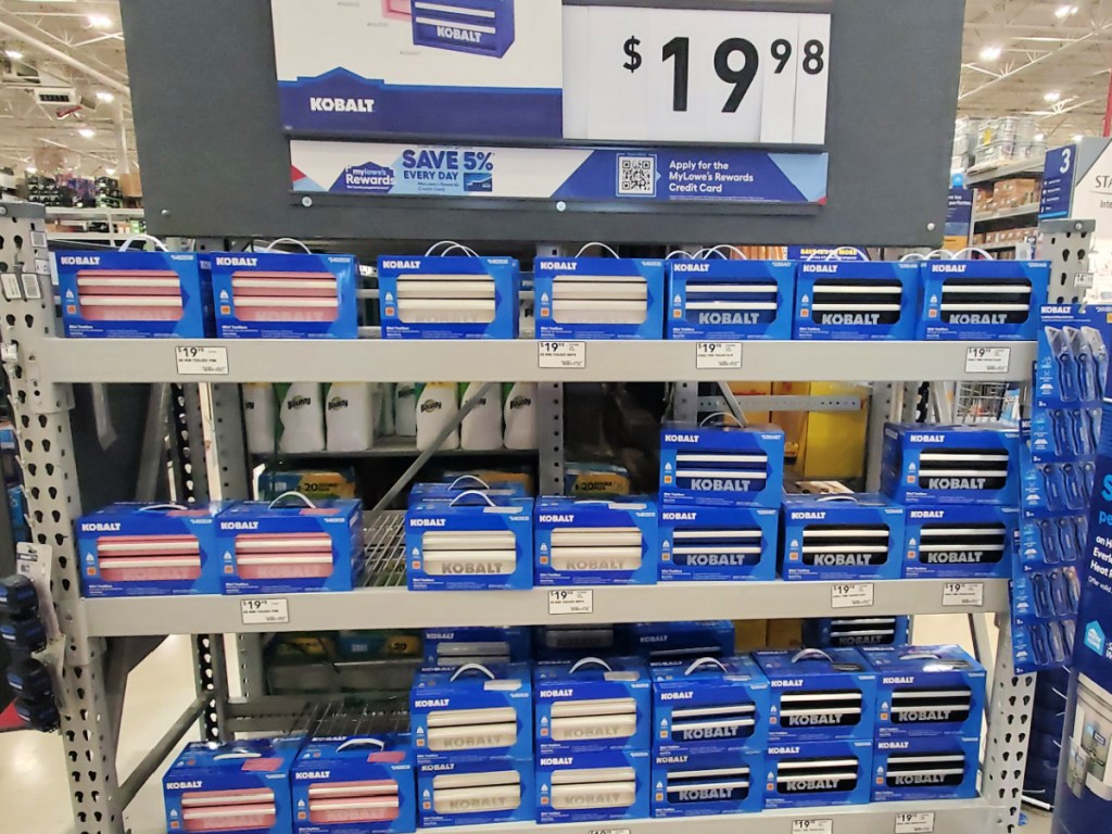 large store display of kobalt mini tool boxes