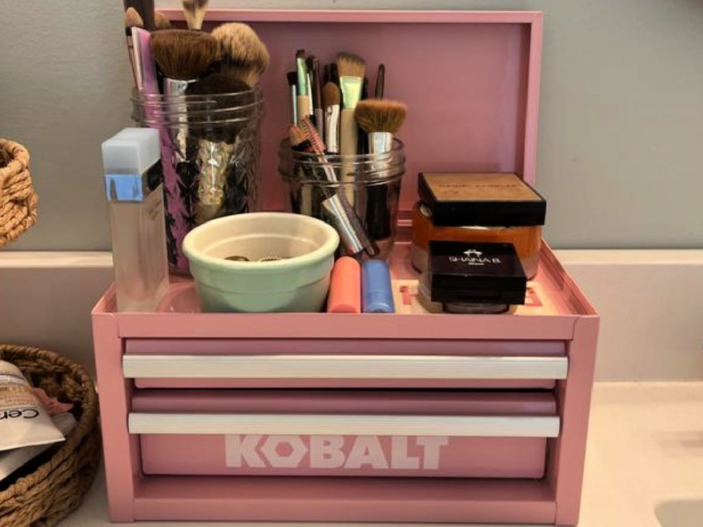 Lowes Kobalt pink Tool Box filled with makeup