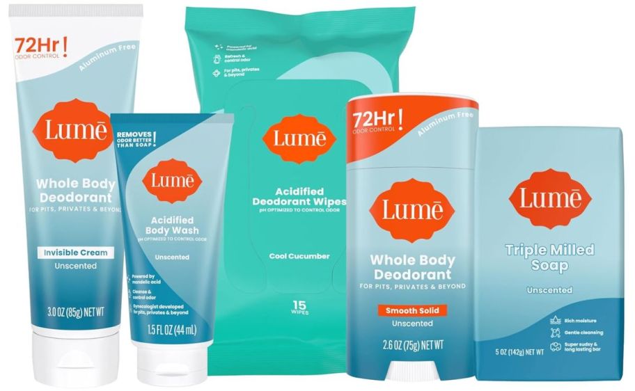 5 piece unscented Lume deodorant kit on a white background 