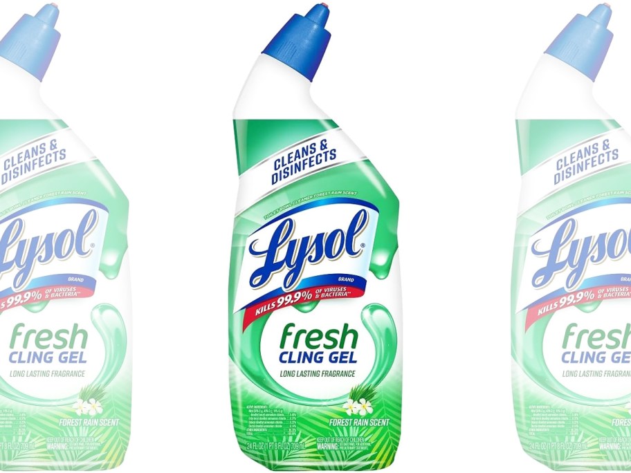 green and white bottle of Lysol Fresh Cling Gel Toilet Bowl Cleaner