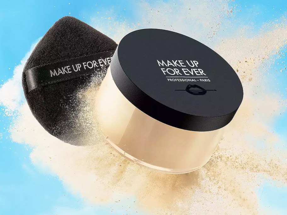container of MAKE UP FOR EVER Ultra HD Matte Setting Powder with black powder puff