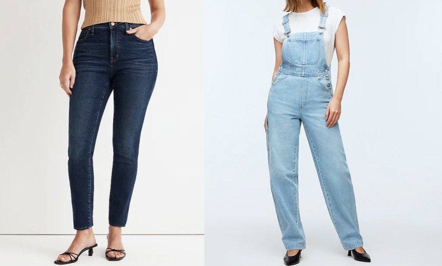 women in dark wash jeans and light wash overalls