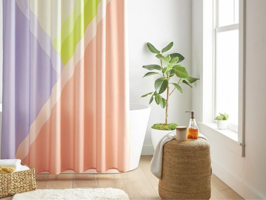 Mainstays Colorblock Curtain in a bathroom