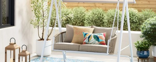 Mainstays Lawson Ridge 2-Seat Steel Freestanding Porch Swing w/ Canopy & Cushions in white