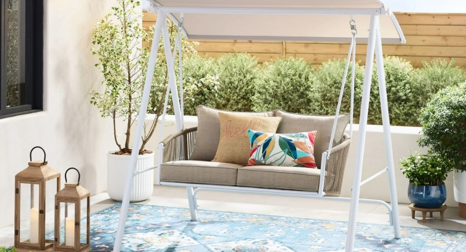 Mainstays Lawson Ridge 2-Seat Steel Freestanding Porch Swing w/ Canopy & Cushions in white