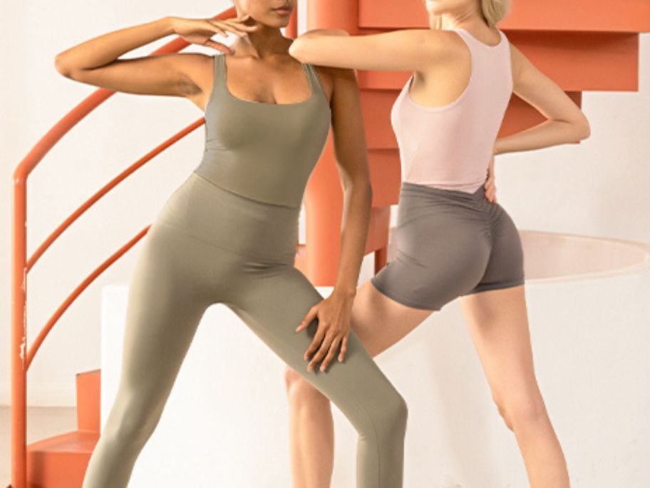 2 women wearing Mangopop Bodysuits as workout apparel