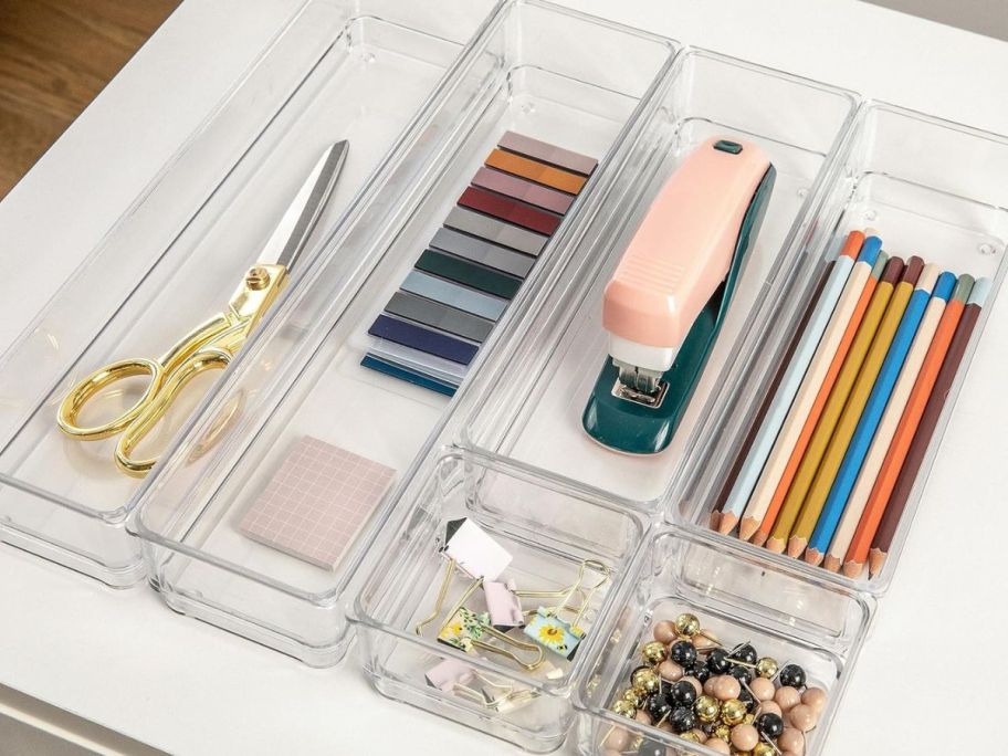 Martha Stewart Miles Clear Plastic Desk Drawer Organizers 6-pack