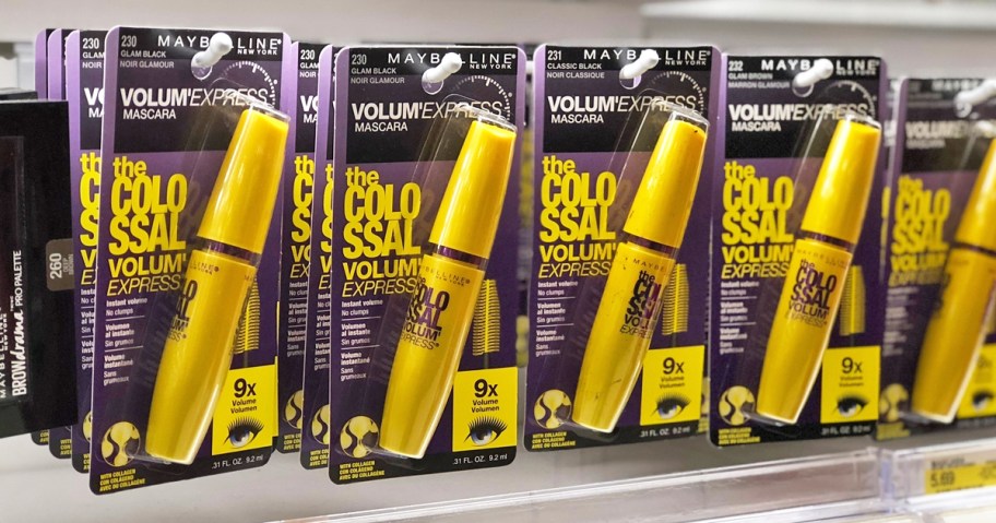 yellow tubes of Maybelline Volum' Express Colossal Mascara on display in store