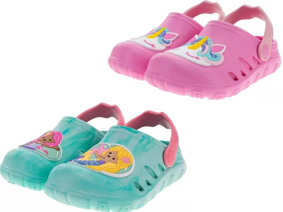 Two pairs of Members Mark Girls Clogs with mermaid and unicorn designs