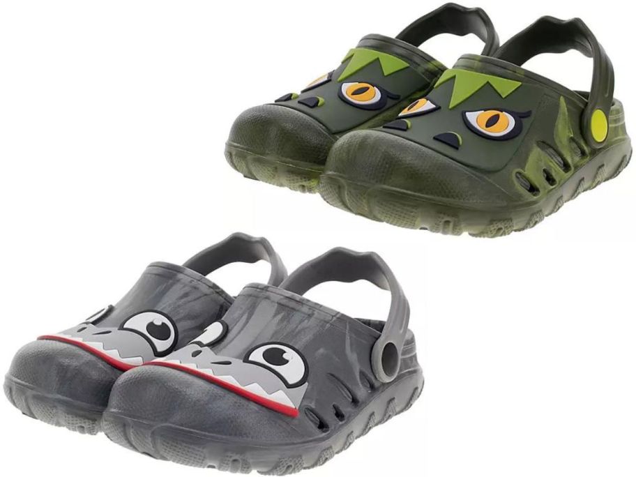 Stock images of 2 pairs of Member's Mark boys clog in Shark and Dinosaur designs