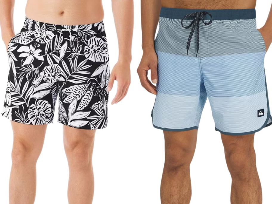 two men wearing Member's Mark Men's Resort Swim Trunks and Quiksilver Men's Swim Trunks
