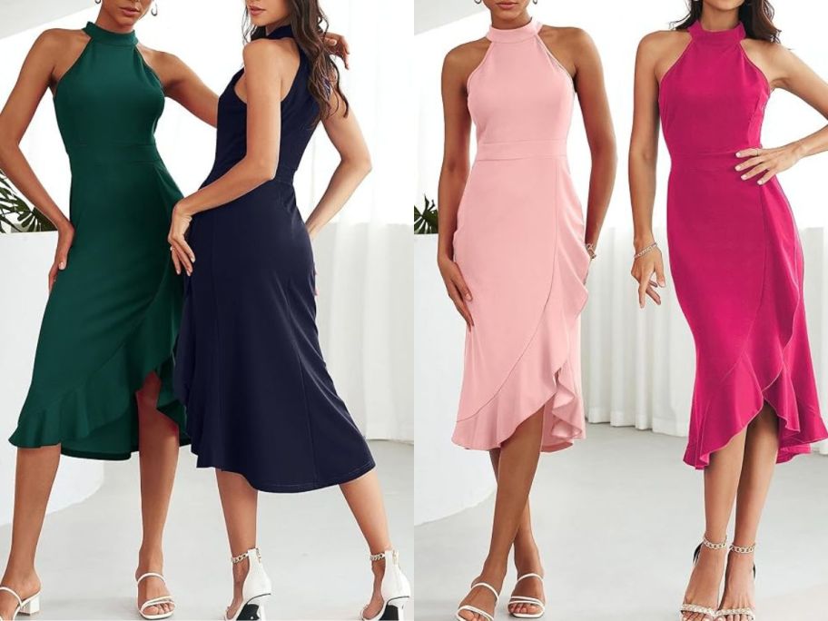Images of 4 women wearing a Merokeety Cocktail dress in different colors