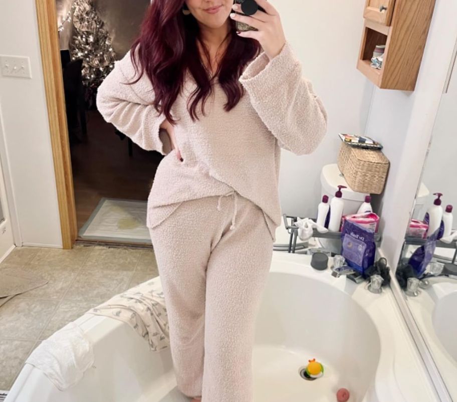 a woman wearing fuzzy pajamas