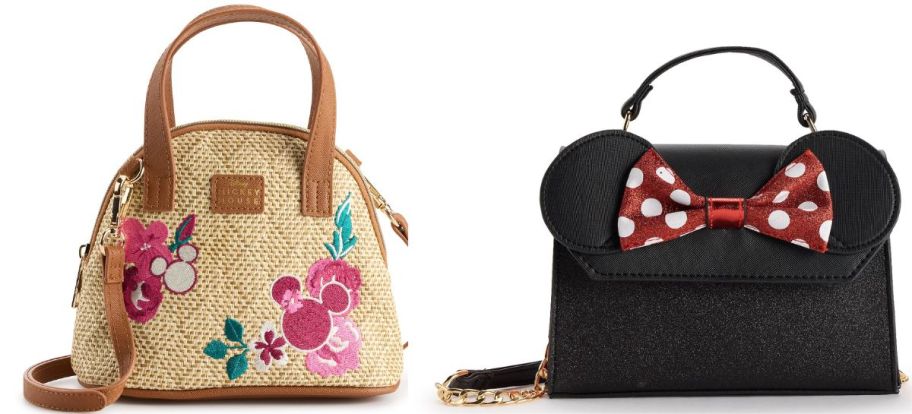 a minnie mouse woven print cross body bag shown with black top handle bow hand bag