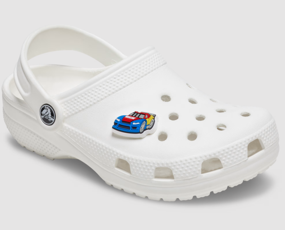 NASCAR Car Jibbitz Charm on a white Crocs clog