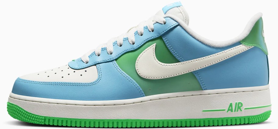 blue, green, and white nike sneaker