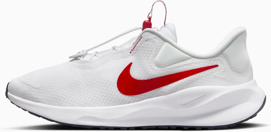 white and red nike running shoe
