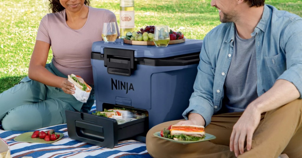 man and woman eating picnic with ninja hard cooler