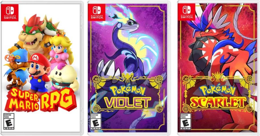 Stock image of Mario RPG and two pokemon games for Nintendo Switch