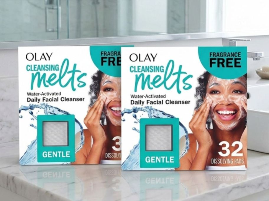 Olay Cleansing Melts 32-Count 2-Pack in Unscented on bathroom counter