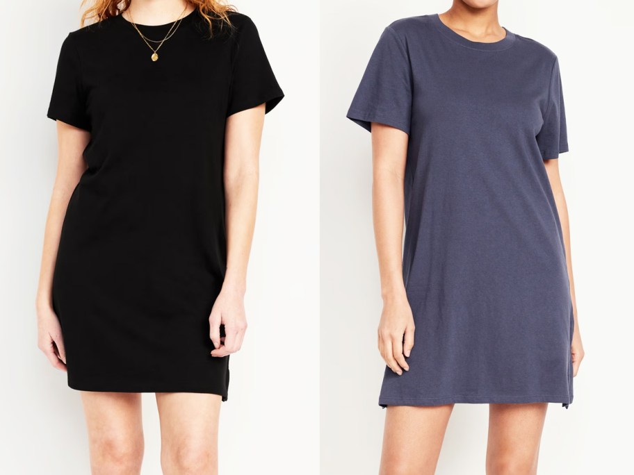 two women in black and blue t-shirt dresses