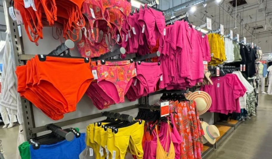 A wall of women's swimwear at Old navy