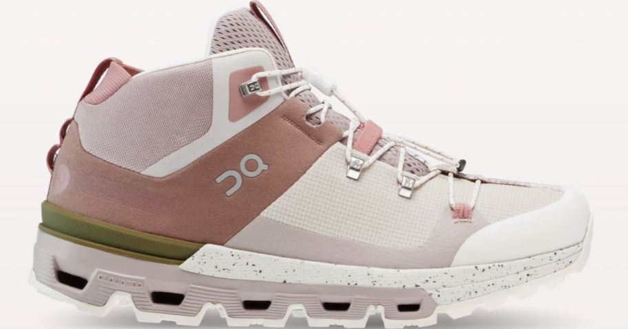 A pink and white hiking shoe