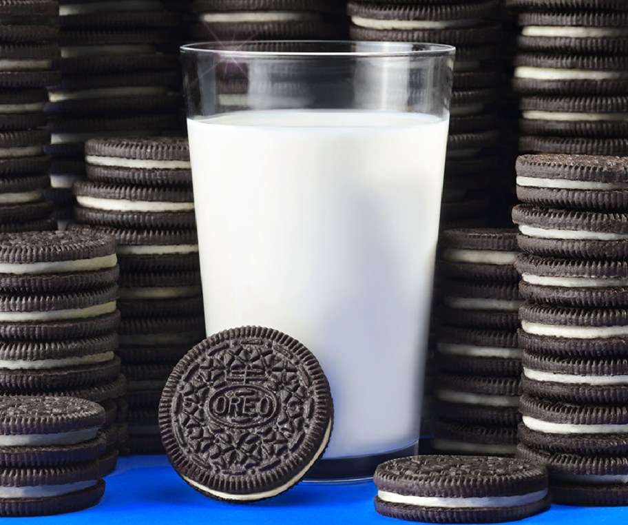 A stack of Oreo Cookies with milk