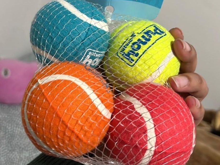 A bag of 4 medium outward hound squeak & fetch balls