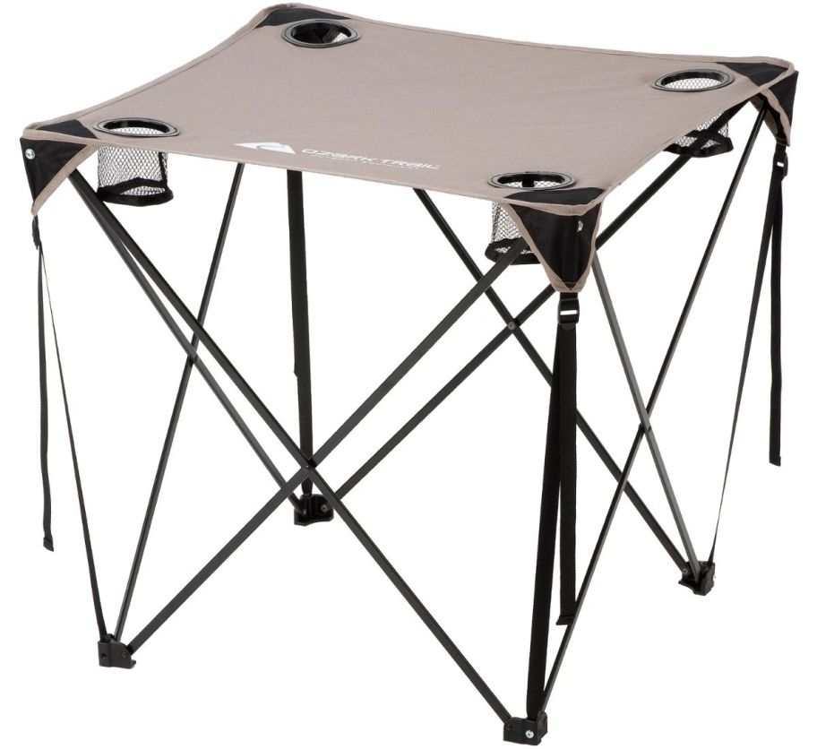 a folding camp table in grey