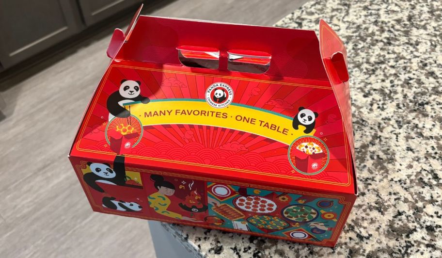 Panda Express family meal box on a kitchen counter