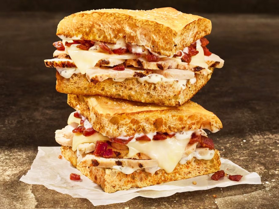 stacked halves of chicken bacon ranch sandwich