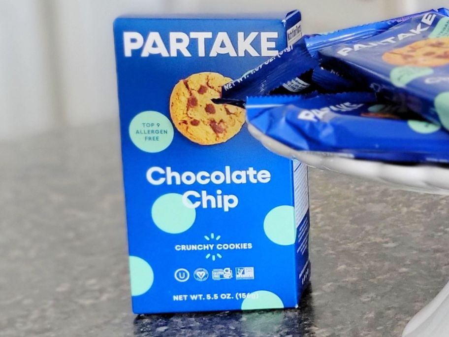 A box of Partake Chocolate chip cookies