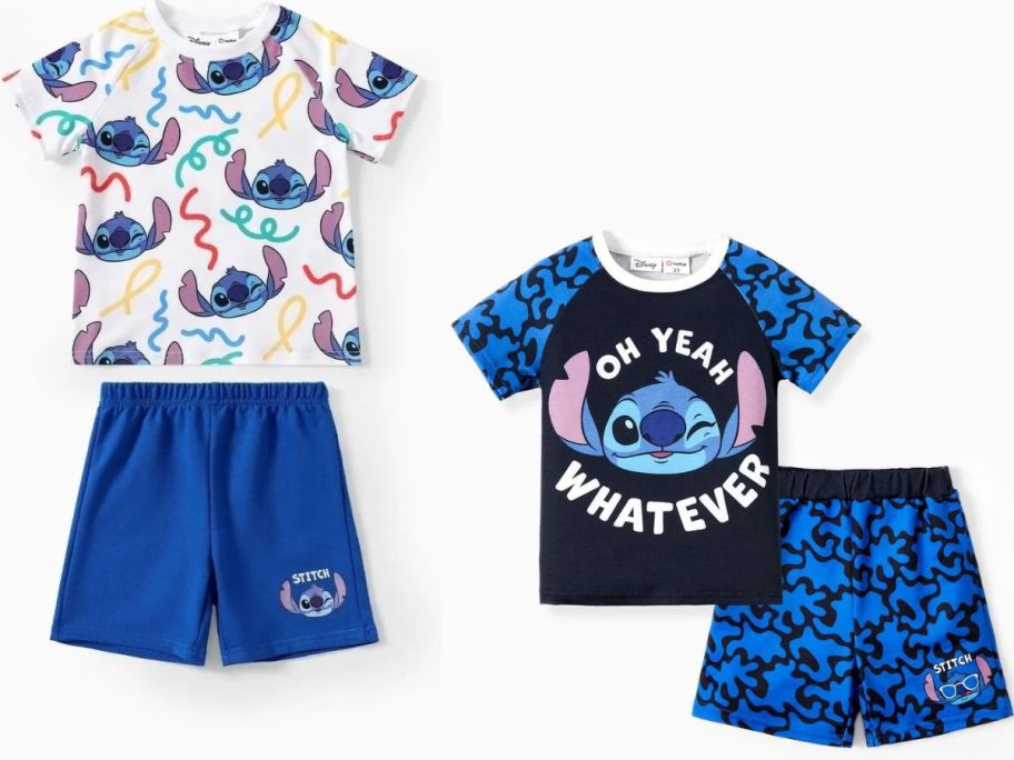 Stock images of two 2-piece Disney Stitch Colthing tee and shorts sets from PatPat