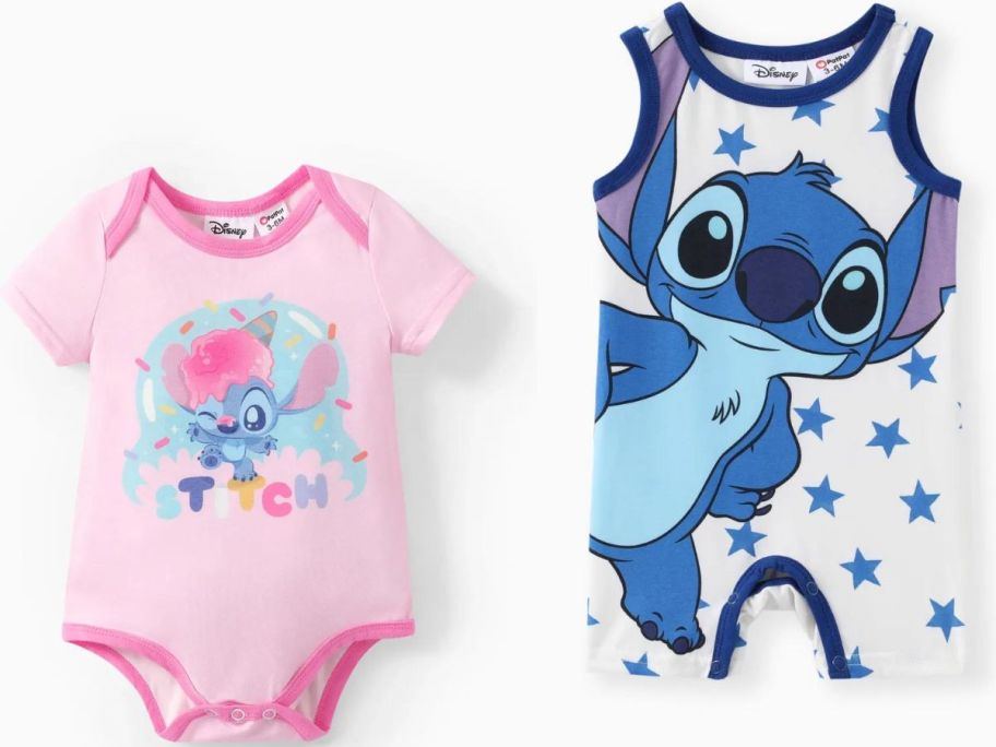 Stock images of a Disney Stitch Onesie and Romper from PatPat