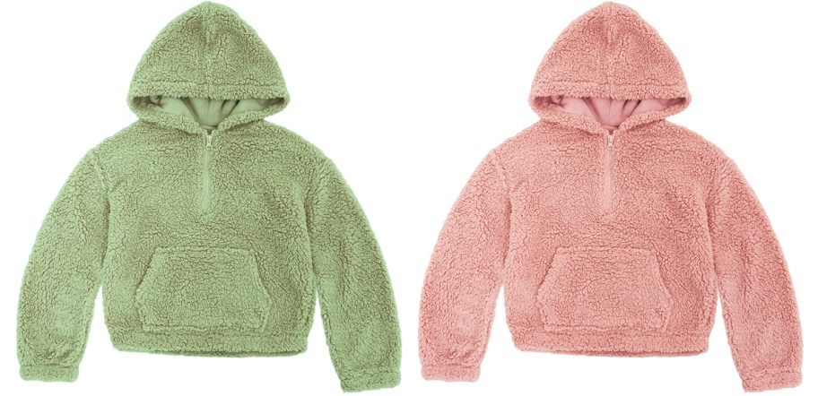 green and pink fuzzy hoodies