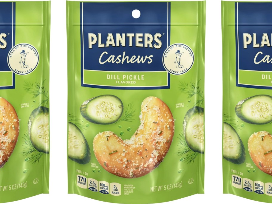bags of Planters Cashews Dill Pickle flavor