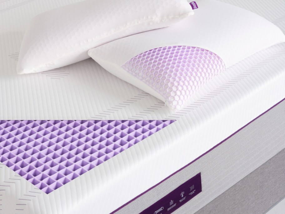 showing inside purple grid core of mattress and pillows