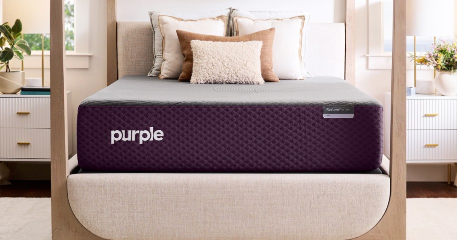 purple mattress on a 4-post bed frame 