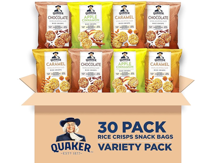 variety of mini Quaker Rice Crisps bags in cardboard box