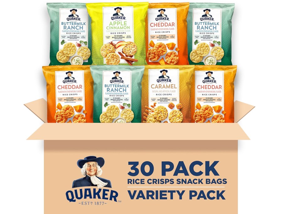 variety of mini Quaker Rice Crisps bags in cardboard box