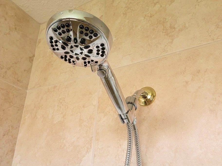 chrome shower head in shower