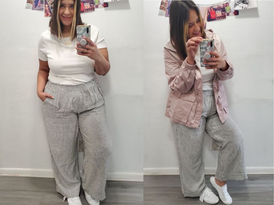 a woman taking a selfie wearing time and tru linen pants