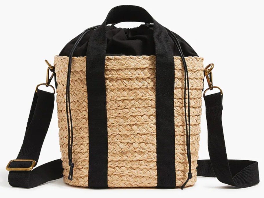 Raffia straw mini tote bag black straps