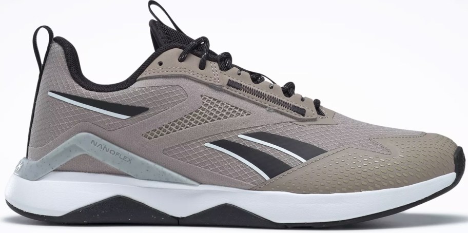 grey and black reebok training shoe