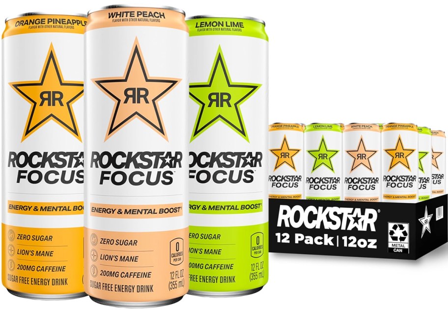 case of Rockstar Focus Energy Drinks with 3 cans in front of it
